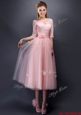 2016 Comfortable Scoop Half Sleeves Prom Dresses  with Hand Made Flowers and Appliques