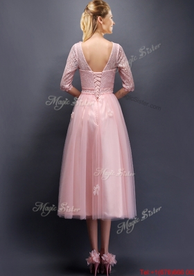 2016 Comfortable Scoop Half Sleeves Prom Dresses  with Hand Made Flowers and Appliques