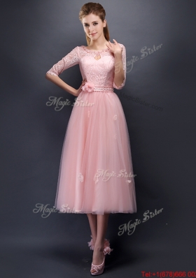 2016 Comfortable Scoop Half Sleeves Prom Dresses  with Hand Made Flowers and Appliques