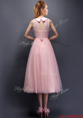 2016 Discount Hand Made Flowers and Laced High Neck Dama Dress in Baby Pink