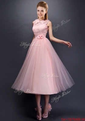 2016 Discount Hand Made Flowers and Laced High Neck Dama Dress in Baby Pink