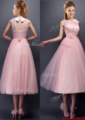 2016 Discount Hand Made Flowers and Laced High Neck Dama Dress in Baby Pink