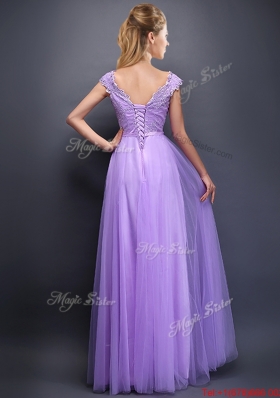 2016 Lovely Beaded and Bowknot V Neck Dama Dresses in Lavender