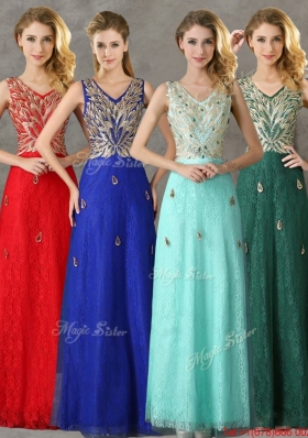 2016 Luxurious V Neck Dark Green Dama Dresses with Appliques and Beading