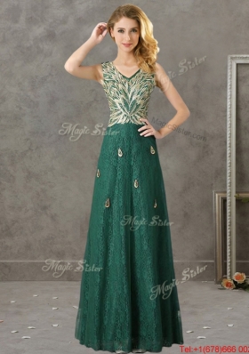 2016 Luxurious V Neck Dark Green Dama Dresses with Appliques and Beading