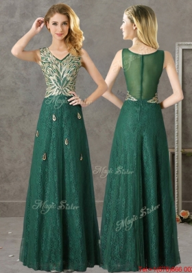 2016 Luxurious V Neck Dark Green Dama Dresses with Appliques and Beading