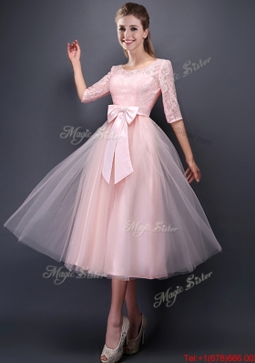 2016 Most Popular Scoop Half Sleeves Baby Pink Dama Dresses with Bowknot