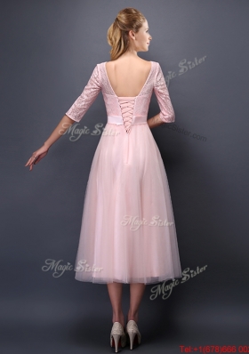 2016 Most Popular Scoop Half Sleeves Baby Pink Dama Dresses with Bowknot