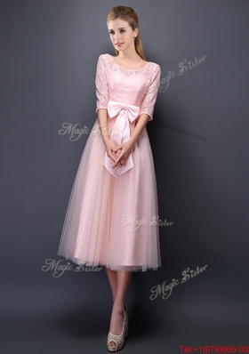 2016 Most Popular Scoop Half Sleeves Baby Pink Dama Dresses with Bowknot