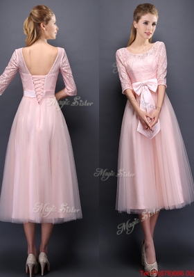 2016 Most Popular Scoop Half Sleeves Baby Pink Dama Dresses with Bowknot