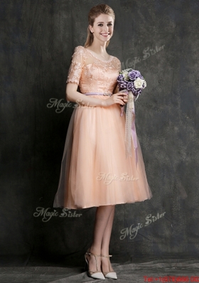 2016 New Scoop Half Sleeves Dama Dress with Sashes and Lace