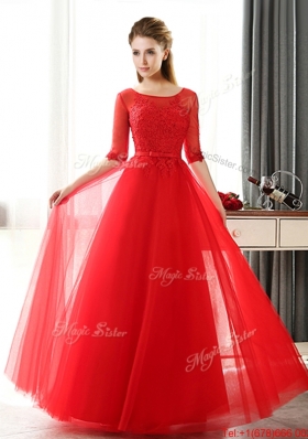 2016 See Through Scoop Half Sleeves Red Prom Dresse with Lace and Belt