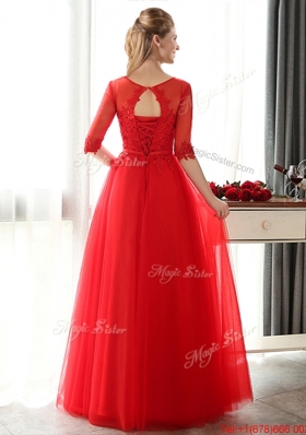 2016 See Through Scoop Half Sleeves Red Prom Dresse with Lace and Belt