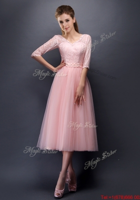 2016 See Through V Neck Half Sleeves Prom Dresses with Lace and Belt