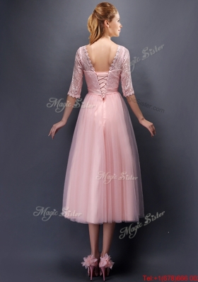 2016 See Through V Neck Half Sleeves Prom Dresses with Lace and Belt