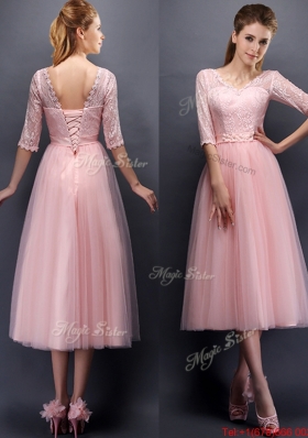 2016 See Through V Neck Half Sleeves Prom Dresses with Lace and Belt