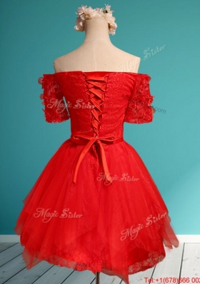 Comfortable Off the Shoulder Short Sleeves Red Dama Dresses  with Appliques and Belt