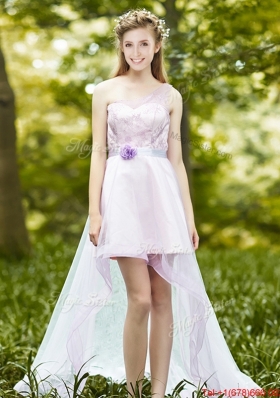 Comfortable One Shoulder High Low Prom Dresses  with Sashes and Lace