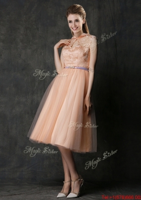 Popular High Neck Peach Prom Dresses  with Sashes and Lace