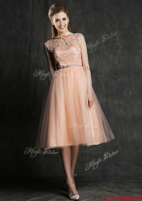 Popular High Neck Peach Prom Dresses  with Sashes and Lace