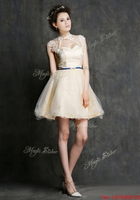 See Through High Neck Short  Dama Dresses with Sashes and Lace