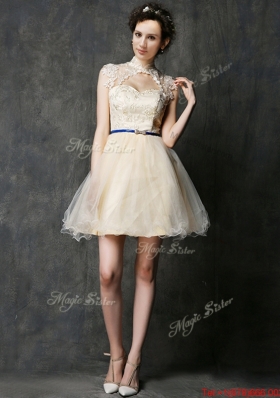 See Through High Neck Short  Dama Dresses with Sashes and Lace