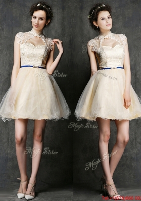 See Through High Neck Short  Dama Dresses with Sashes and Lace