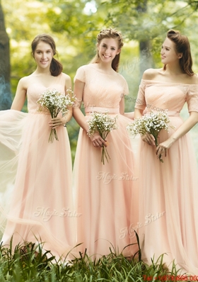 See Through One Shoulder Peach  Prom Dresses in Floor Length