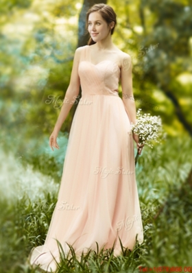 See Through One Shoulder Peach  Prom Dresses in Floor Length