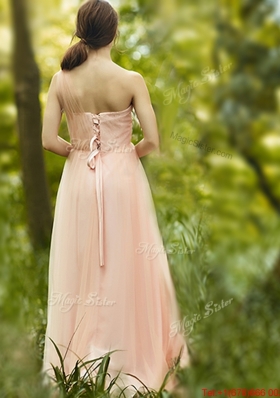 See Through One Shoulder Peach  Prom Dresses in Floor Length