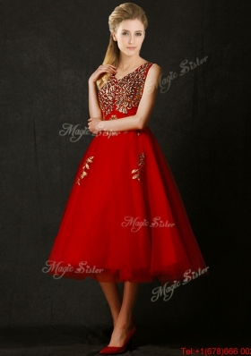 2016 Beautiful V Neck Tea Length Prom Dresses with Beading and Appliques