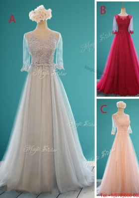 2016 Classical Scoop Half Sleeves Prom Dresses with Appliques and Belt