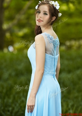 2016 Elegant See Through Scoop Appliques Prom Dresses in Light Blue