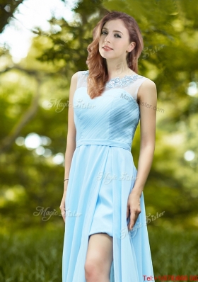 2016 Elegant See Through Scoop Appliques Prom Dresses in Light Blue