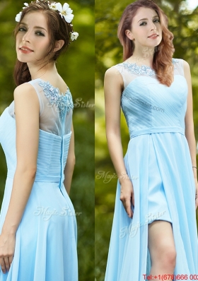 2016 Elegant See Through Scoop Appliques Prom Dresses in Light Blue