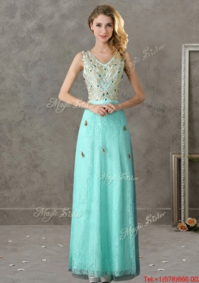 2016 Fashionable V Neck Long Dama Dresseswith Appliques and Beading