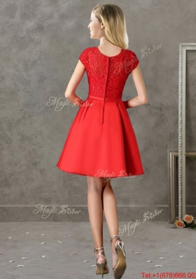 2016 Gorgeous Scoop Cap Sleeves Red Prom Dresses  with Lace and Bowknot