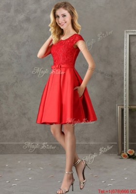 2016 Gorgeous Scoop Cap Sleeves Red Prom Dresses  with Lace and Bowknot