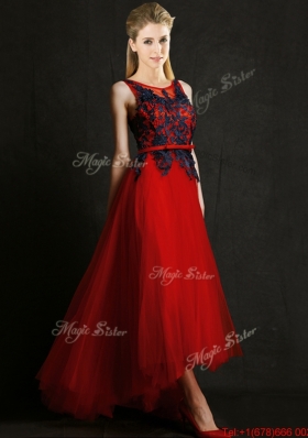 2016 Perfect High Low Belted and Black Applique Prom Dresses  in Red