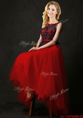 2016 Perfect High Low Belted and Black Applique Prom Dresses  in Red