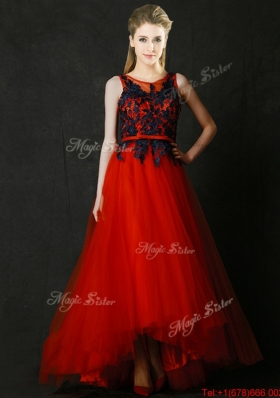 2016 Perfect High Low Belted and Black Applique Prom Dresses  in Red