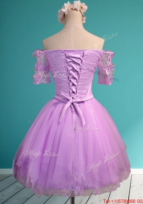 2016 Sweet Lilac Off the Shoulder Short Sleeves Prom Dresses with Appliques and Belt