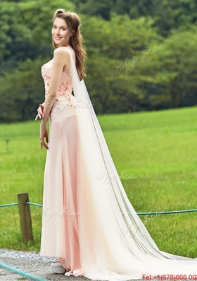 2016 Unique Bateau Watteau Train Light Pink Prom Dresses with Applique