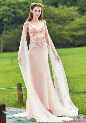 2016 Unique Bateau Watteau Train Light Pink Prom Dresses with Applique