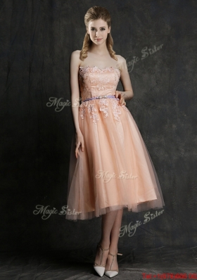 Best Selling Sashed Peach  Bulk Sale Dama Dresses  in Knee Length