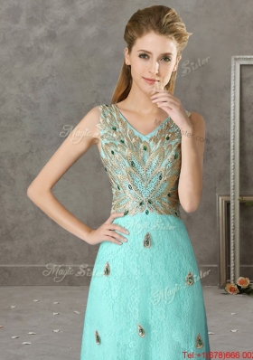 Discount Beaded and Applique V Neck Prom Dresses in Apple Green