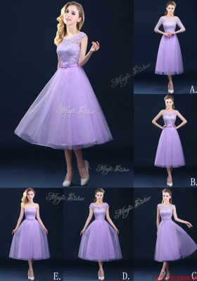 Discount Tea Length Tulle Lavender Prom Dresses  with Belt