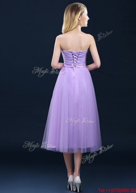 Discount Tea Length Tulle Lavender Prom Dresses  with Belt