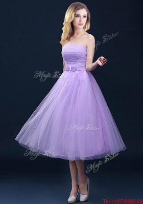 Discount Tea Length Tulle Lavender Prom Dresses  with Belt