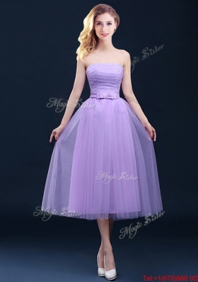 Discount Tea Length Tulle Lavender Prom Dresses  with Belt